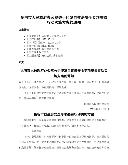 昆明市人民政府办公室关于印发自建房安全专项整治行动实施方案的通知