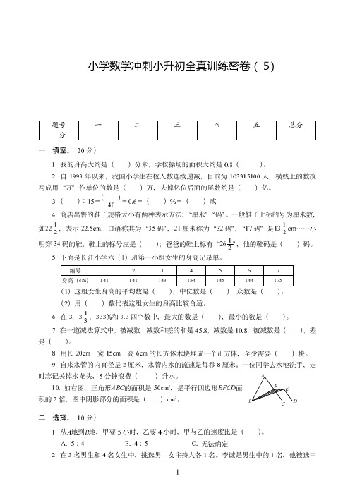 上海市【小升初】小学数学冲刺小升初全真试卷训练密卷附答案(5)