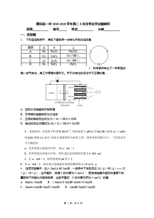 青冈县一中2019-2020学年高二9月月考化学试题解析