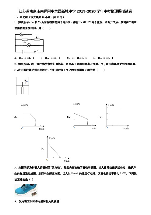 【21套精选试卷合集】江苏省南京市南师附中集团新城中学2019-2020学年中考物理模拟试卷含解析