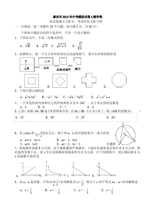 泰安市2013年中考模拟试卷4数学卷