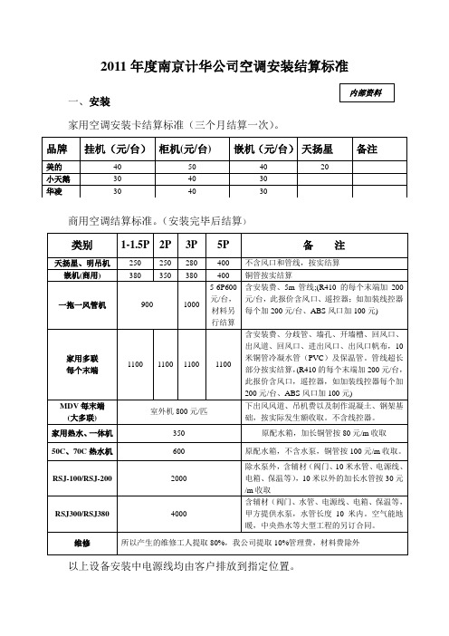 空调安装内部结算标准