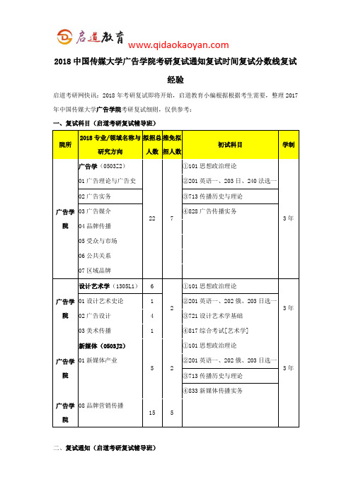 2018中国传媒大学广告学院考研复试通知复试时间复试分数线复试经验