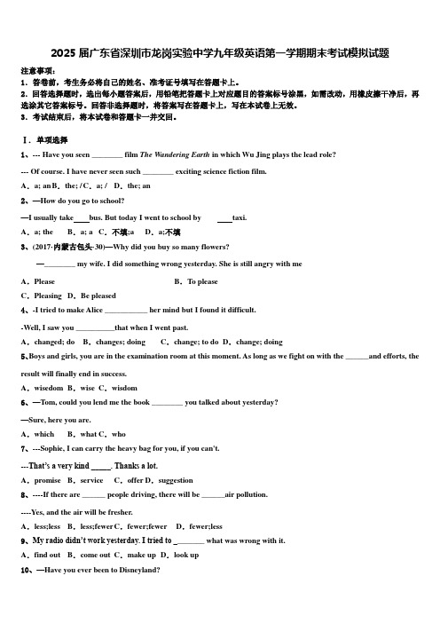 2025届广东省深圳市龙岗实验中学九年级英语第一学期期末考试模拟试题含解析