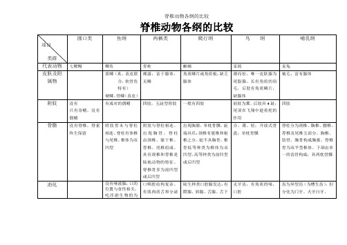 脊椎动物各纲的比较