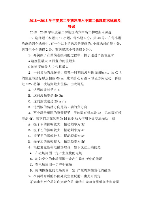 【高二物理试题精选】2018—2018学年度第二学期汪清六中高二物理期末试题及答案