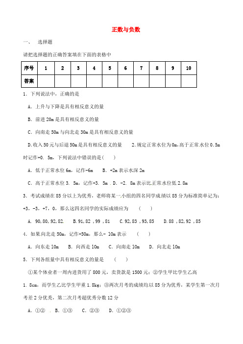 新人教版七年级数学上册《第一章-有理数》正数与负数练习题及答案