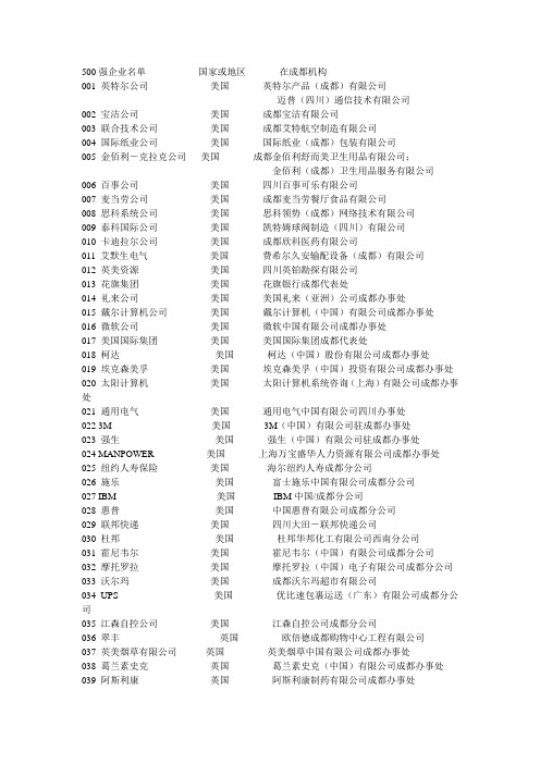 四川成都所拥有的世界500强企业名单