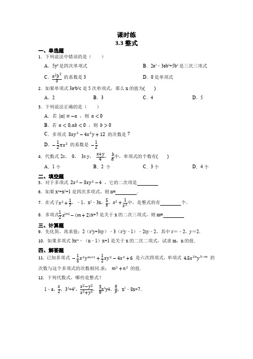 北师大版数学七年级上册：3 3 整式  课时练(含答案) 