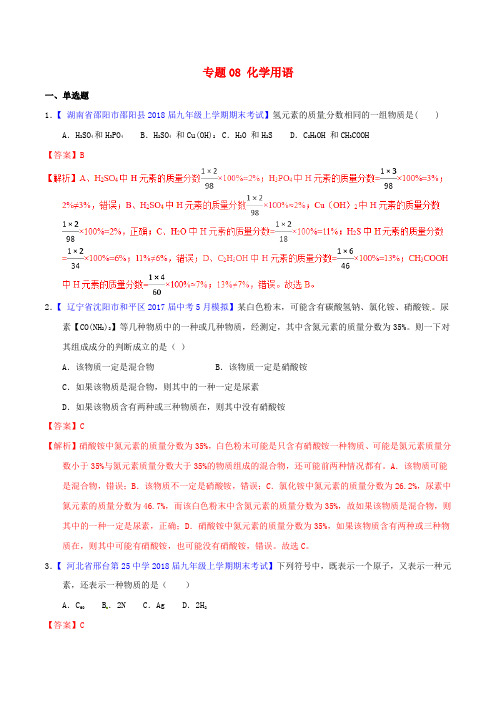 2018年中考化学专题测试专题08化学用语含解析