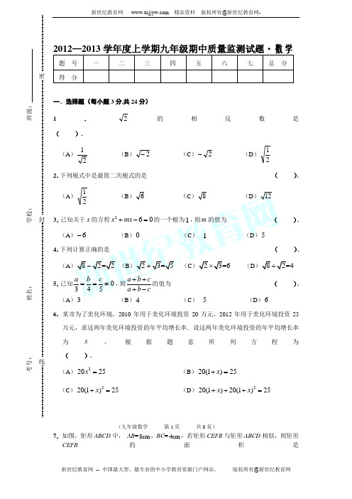 华师版2012-2013学年度上学期九年级期中质量监测数学试题