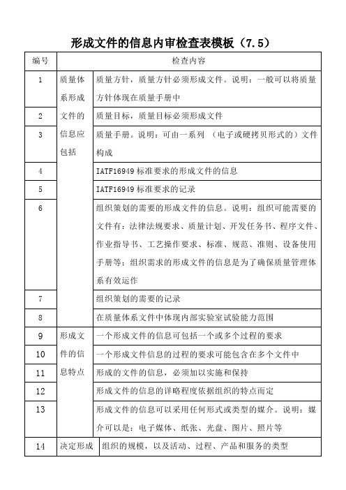 形成文件的信息内审检查表模板