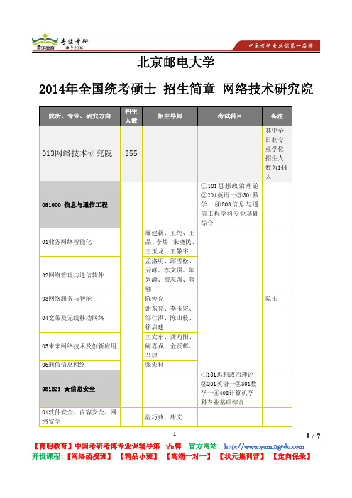 北京邮电大学 2014年全国统考硕士 网络技术研究院 招生简章 招生人数 考试科目