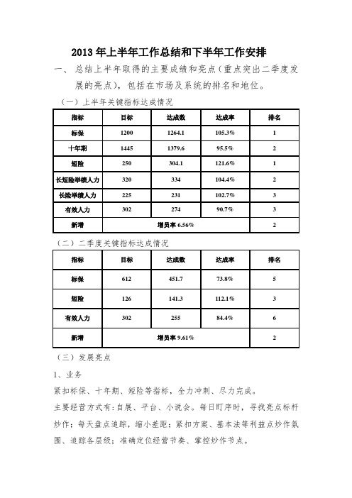 2013年上半年总结和下半年安排(保险)