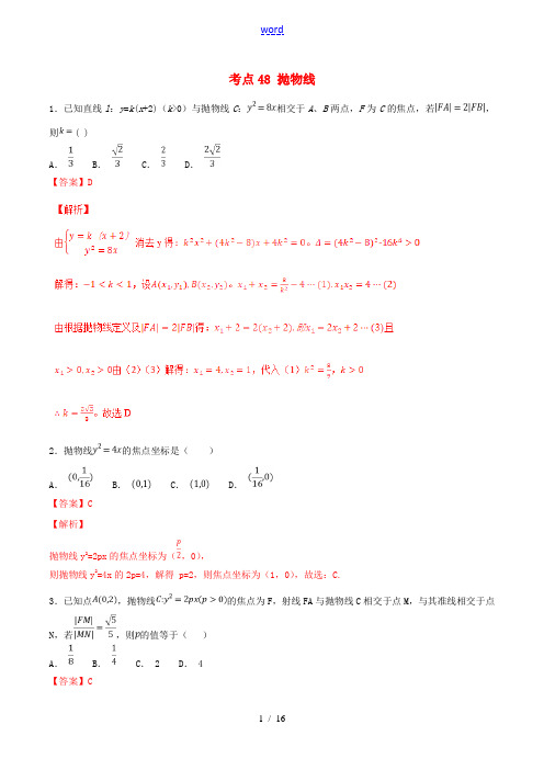 2021年高考数学考点48抛物线必刷题文含解析 (1)