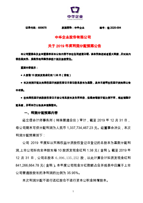 中华企业：关于2019年度利润分配预案公告