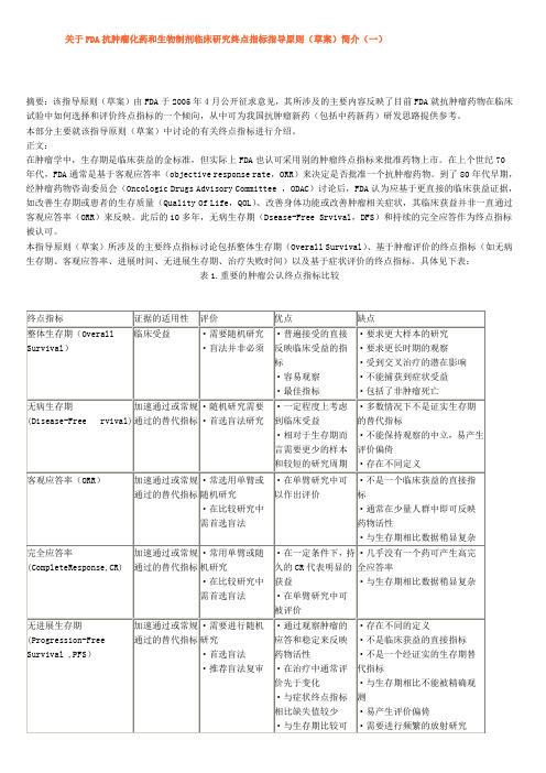 关于FDA抗肿瘤化药和生物制剂临床研究终点指标指导原则(草案)简介2006