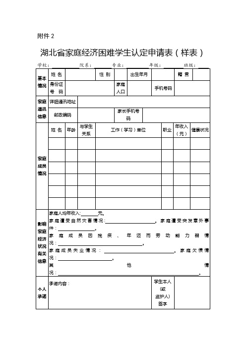 湖北省家庭经济困难学生认定申请表(样表)