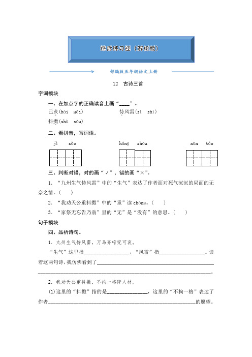 2020-2021部编版五年级语文上册《12古诗三首》课后练习题(附答案)