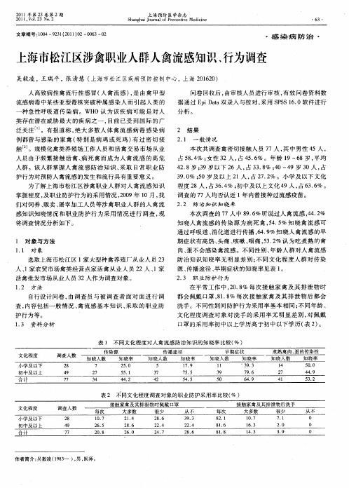 上海市松江区涉禽职业人群人禽流感知识、行为调查