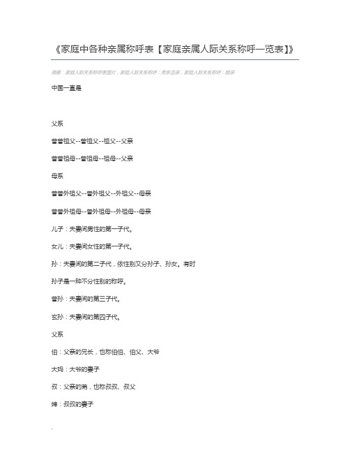 家庭中各种亲属称呼表【家庭亲属人际关系称呼一览表】