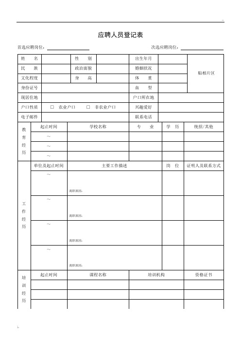 应聘人员登记表(员工应聘时需要填写的,亦是入职登记表)