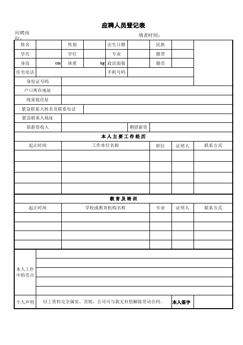 公司员工应聘登记表格