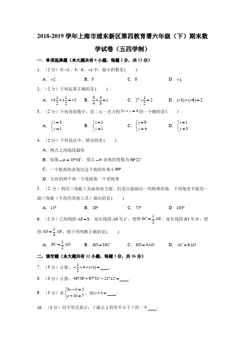 2018-2019学年上海市浦东新区第四教育署六年级(下)期末数学试卷(五四学制)