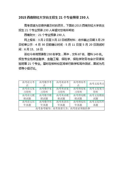 2015西南财经大学自主招生21个专业预录230人