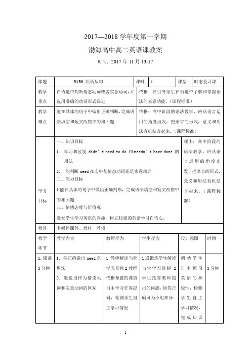 外研版高中英语选修6教案：Module+1+状语从句