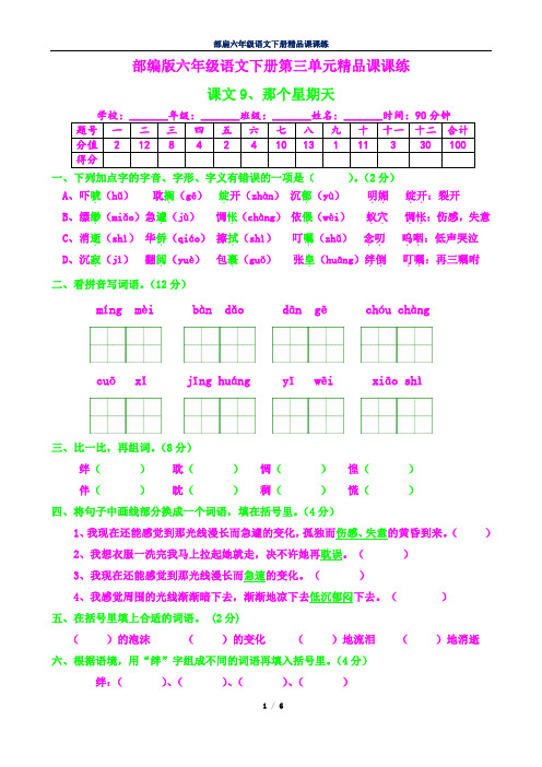 部编六年级语文下册课课练13--那个星期天及答案