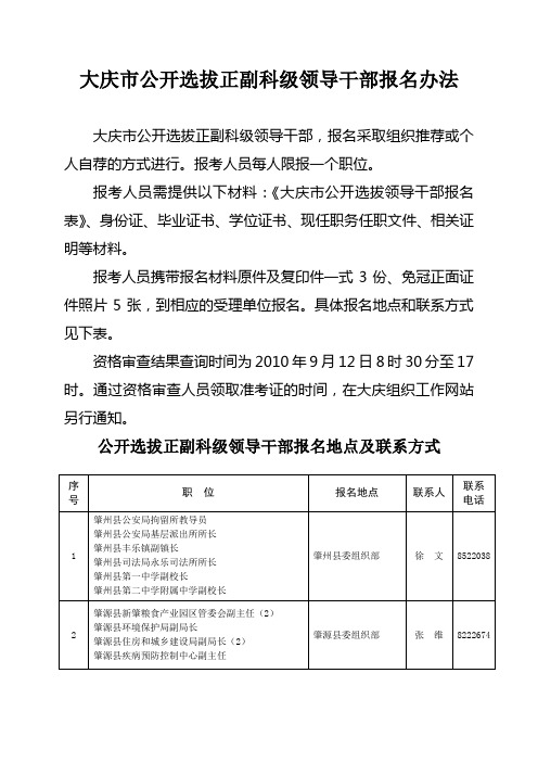 大庆市公开选拔正副科级领导干部报名办法