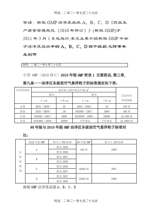 新版GMP洁净度等级A、B、C、D