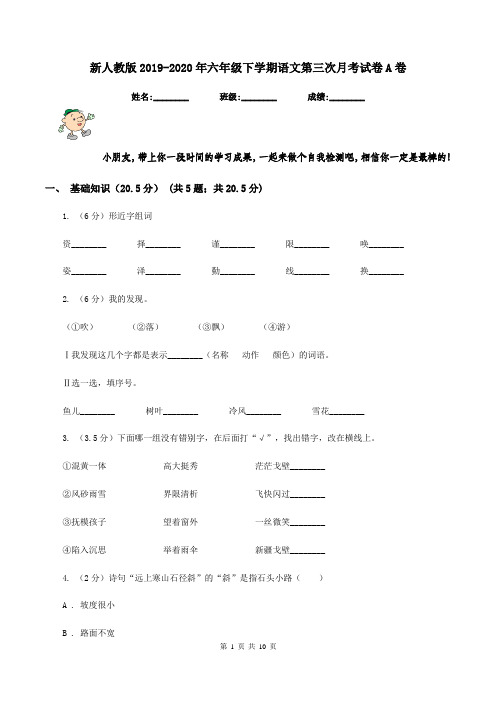 新人教版2019-2020年六年级下学期语文第三次月考试卷A卷