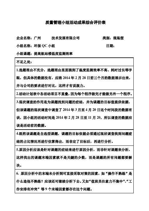 质量管理小组活动成果综合评价表