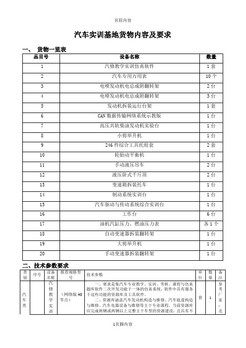 汽车实训设备实训基地装备内容要求