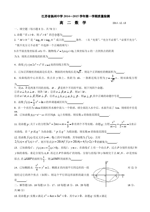 扬州中学2014年高二12月月考数学试卷及答案下载