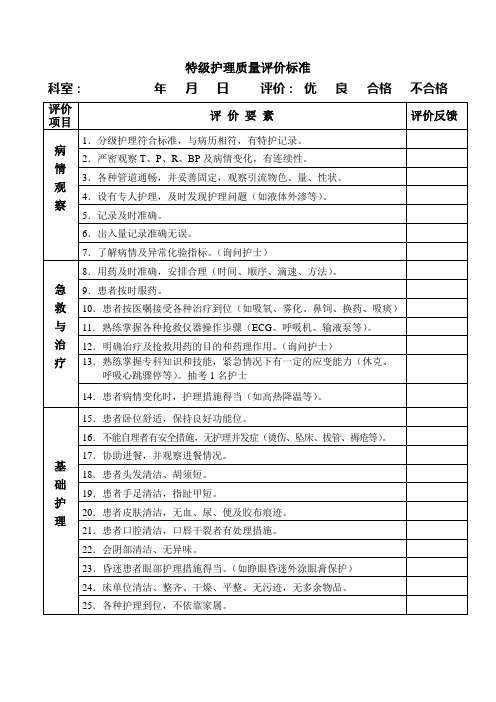 特级护理质量评价标准