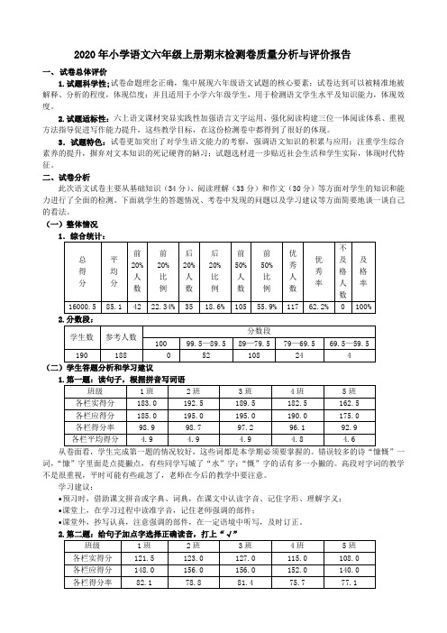 2020年小学语文六年级上册期末检测卷质量分析与评价报告