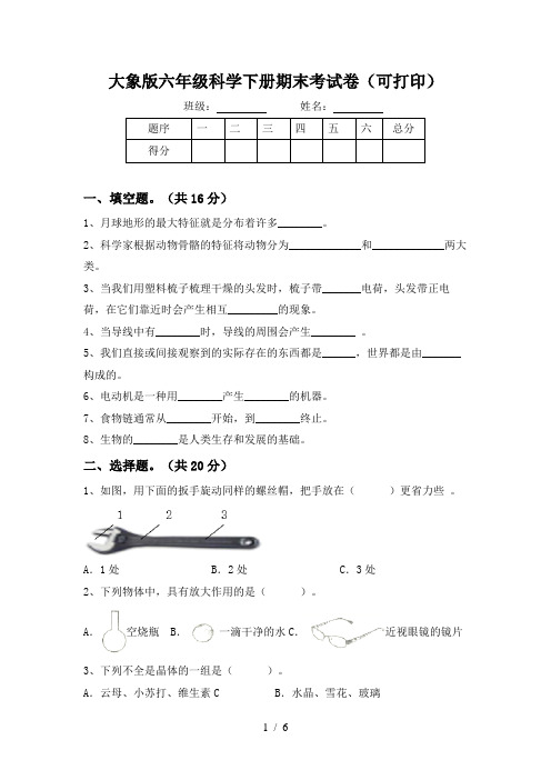 大象版六年级科学下册期末考试卷(可打印)