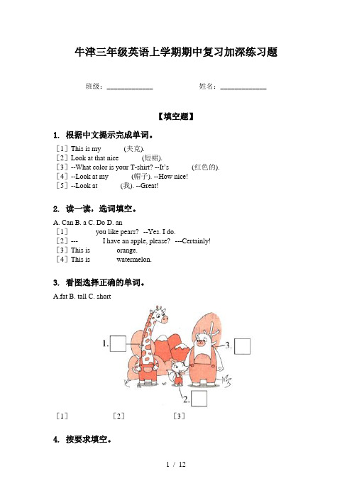 牛津三年级英语上学期期中复习加深练习题