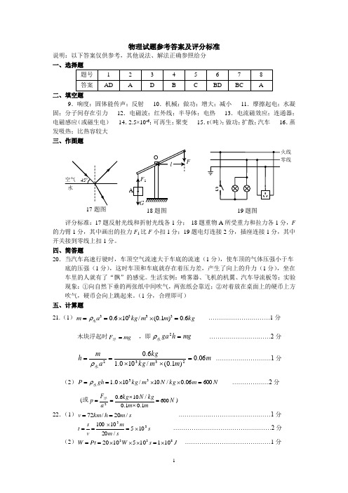 2015年鞍山中考一模(物理)参考答案及评分标准