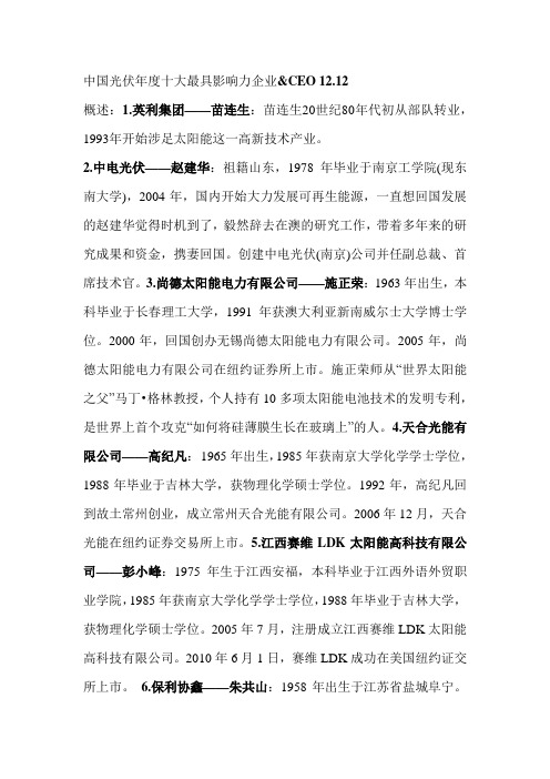 中国光伏年度十大最具影响力企业