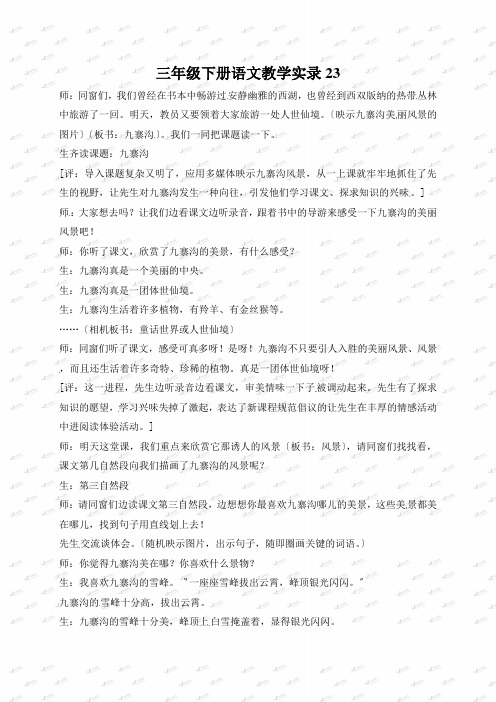 三年级下册语文教学实录23.九寨沟鲁教版