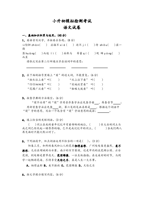 2019-2020学年小升初语文模拟试卷及答案-优质版