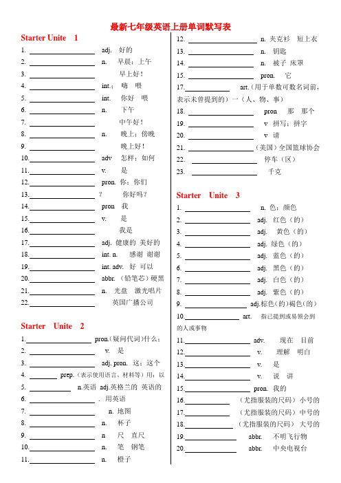 (完整版)七年级上英语单词默写表