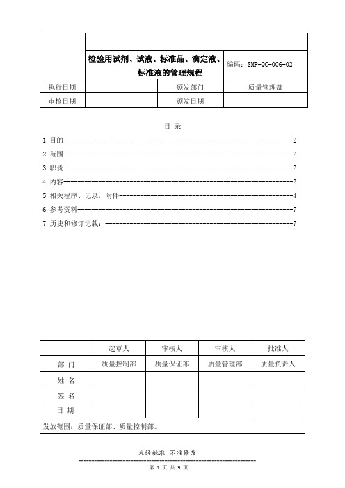 药品生产企业管理文件 SMP-QC-006-02 检验用试剂、试液、标准品、滴定液、标准液的管理规程