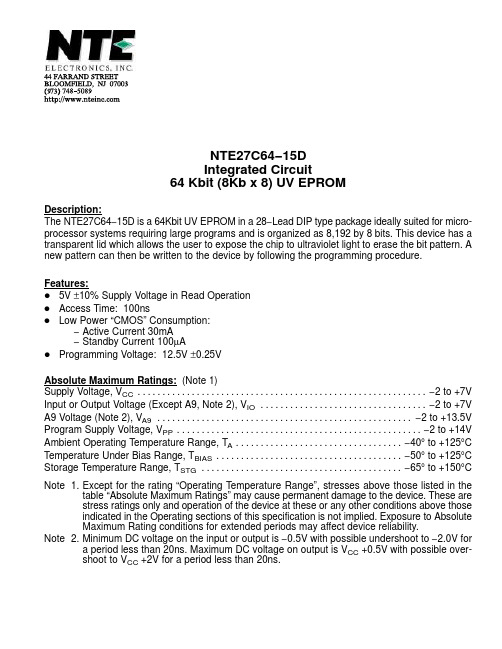 NTE27C64-15D 64Kbit UV EPROM 数据手册说明书