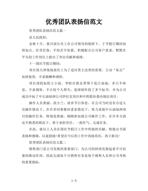 优秀团队表扬信范文