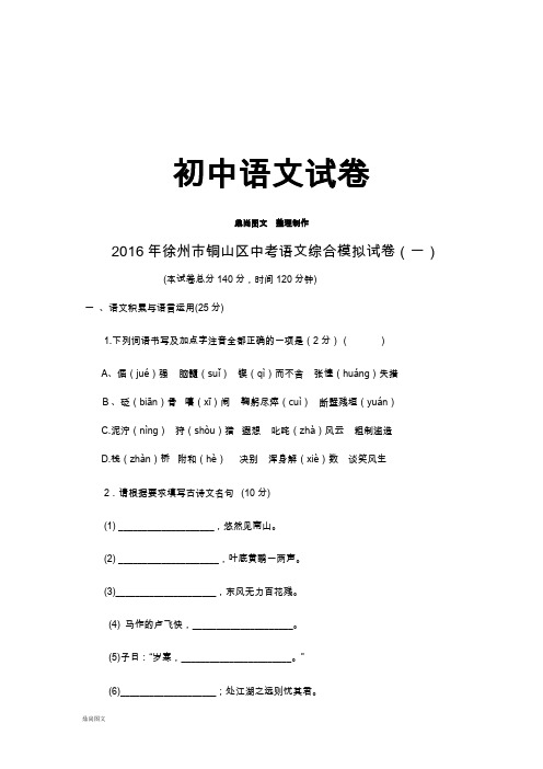 中考专题    徐州市铜山区 语文综合模拟试卷(一)             